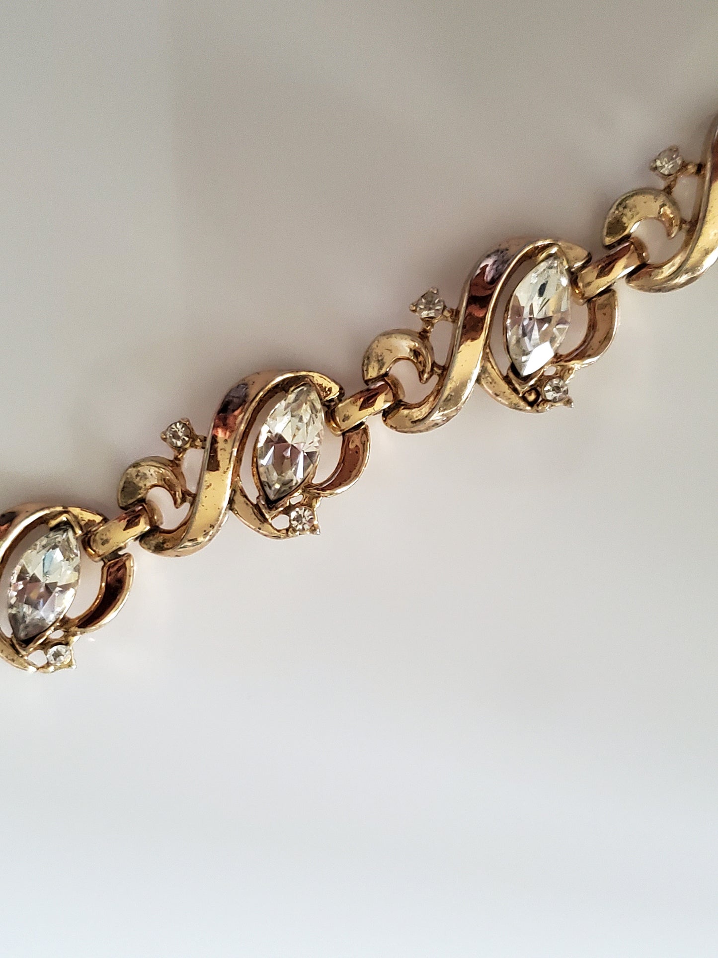 Vintage Crown Trifari Pat Pend Alfred Phillipe Designer Clear Rhinestone Marquise Bracelet