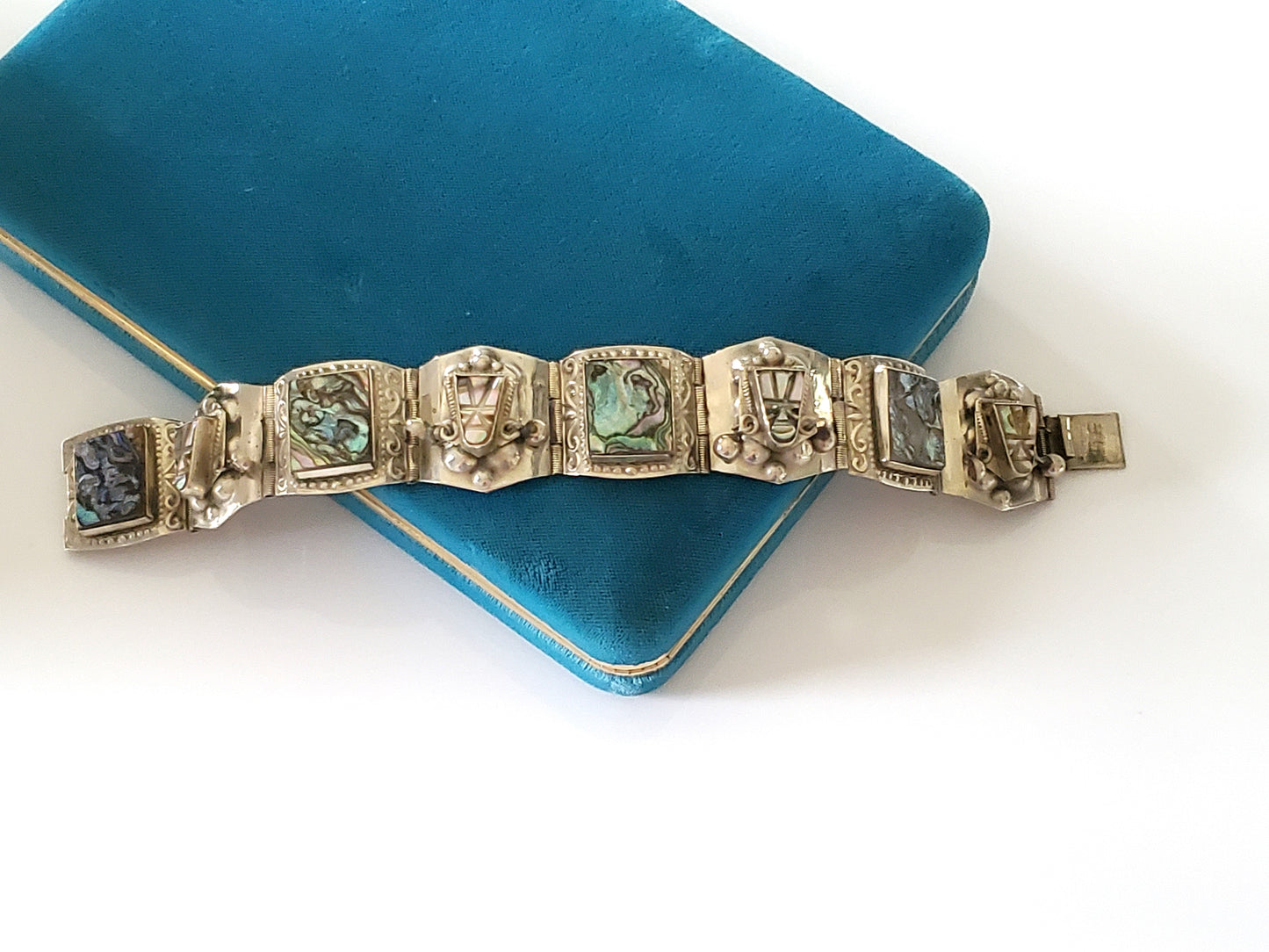 Vintage Sterling Silver Panel Bracelet Abalone Aztec Taxco