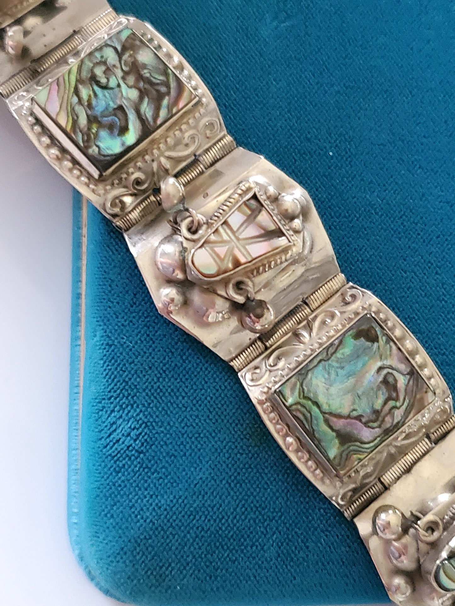 Vintage Sterling Silver Panel Bracelet Abalone Aztec Taxco