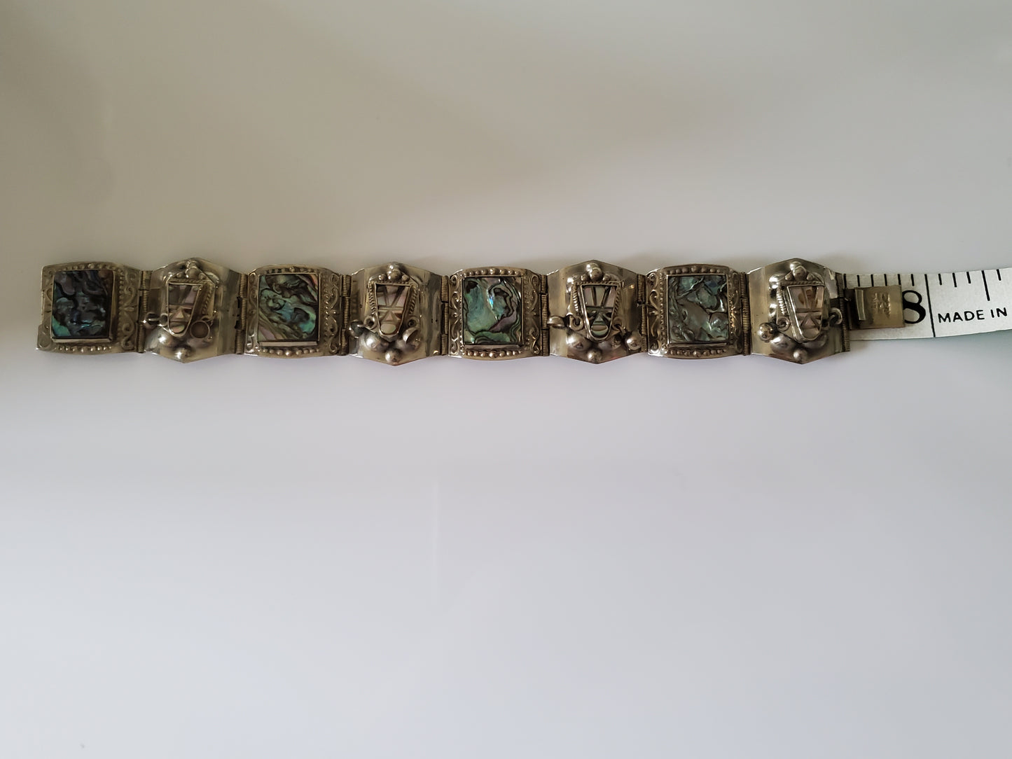 Vintage Sterling Silver Panel Bracelet Abalone Aztec Taxco