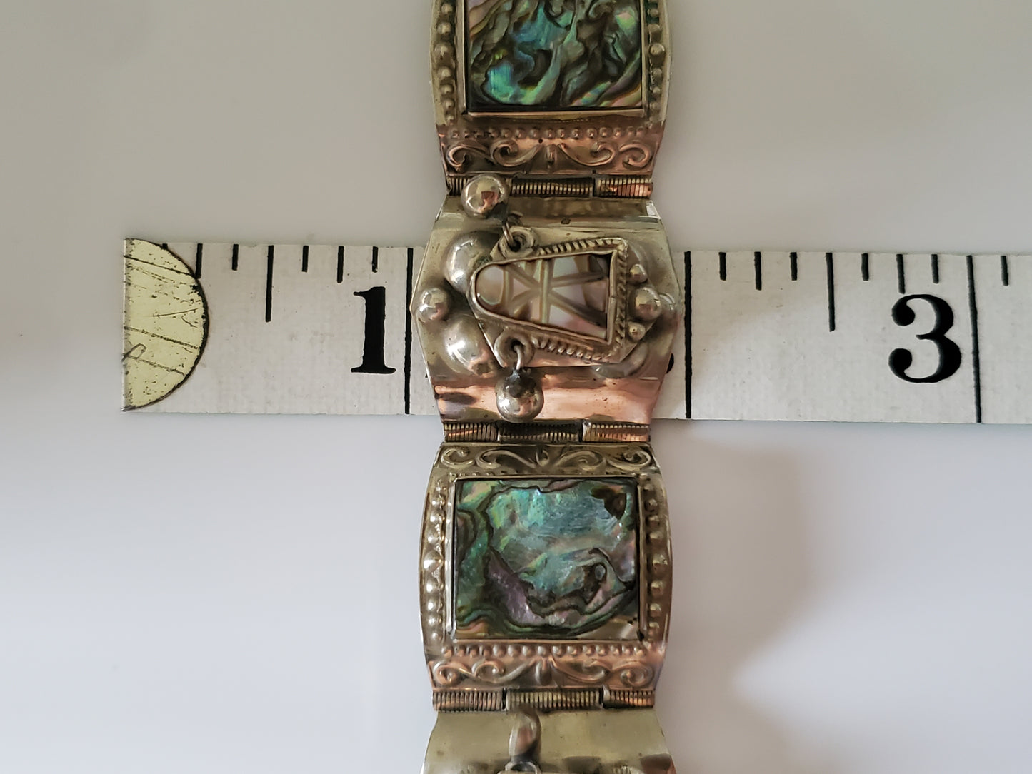 Vintage Sterling Silver Panel Bracelet Abalone Aztec Taxco