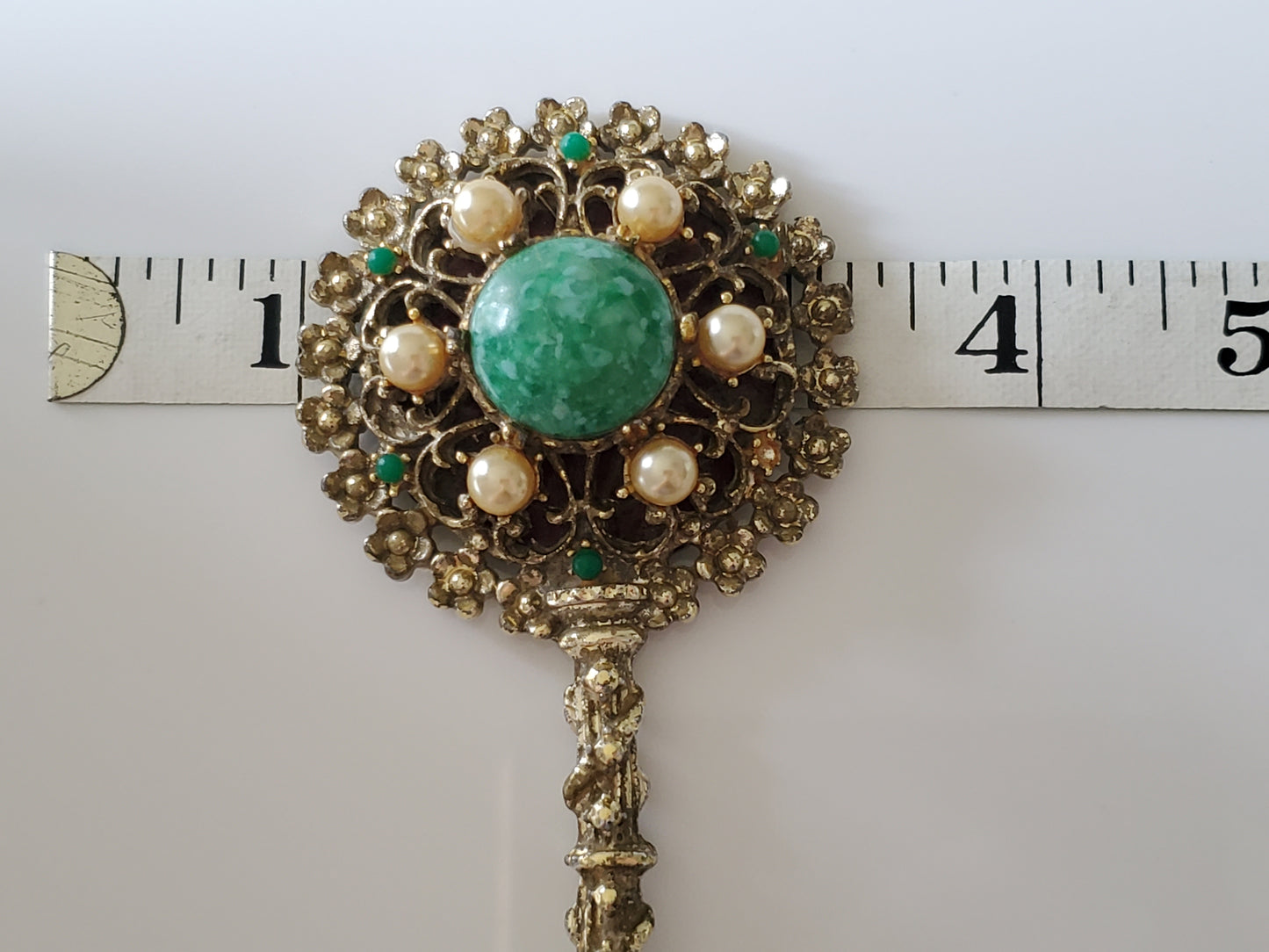 Vintage Mid-Century Sam Fink SF Ornate Mini Hand Mirror Faux Jade & Pearls