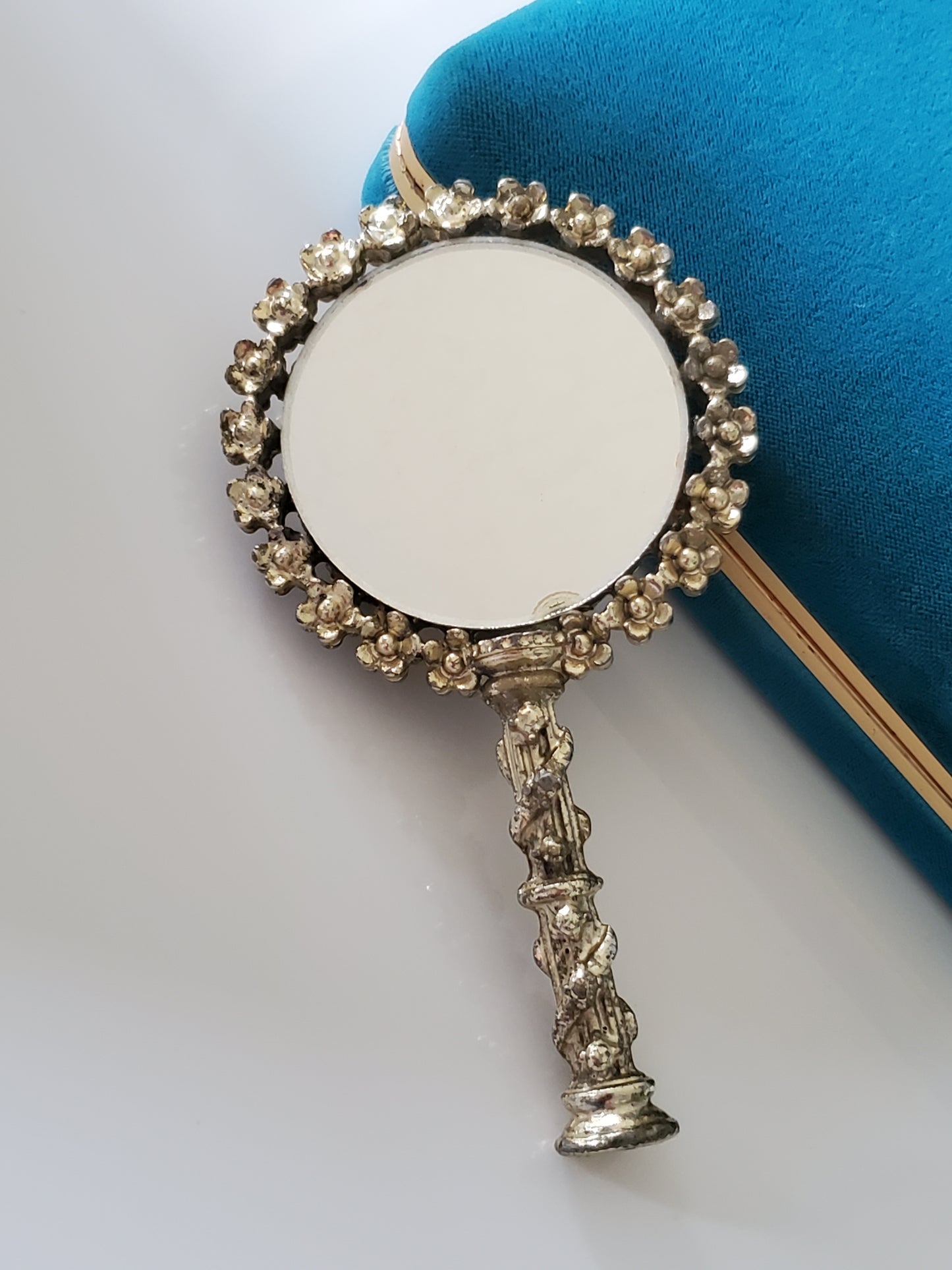 Vintage Mid-Century Sam Fink SF Ornate Mini Hand Mirror Faux Jade & Pearls