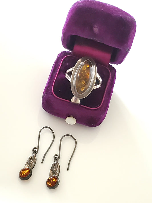 Vintage Silver Plate Amber Ring and Earring Set