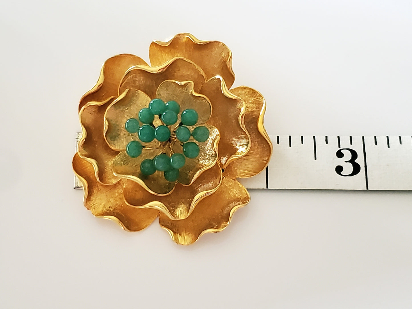 Vintage Large Gold-tone Flower Brooch with Green Glass Buds