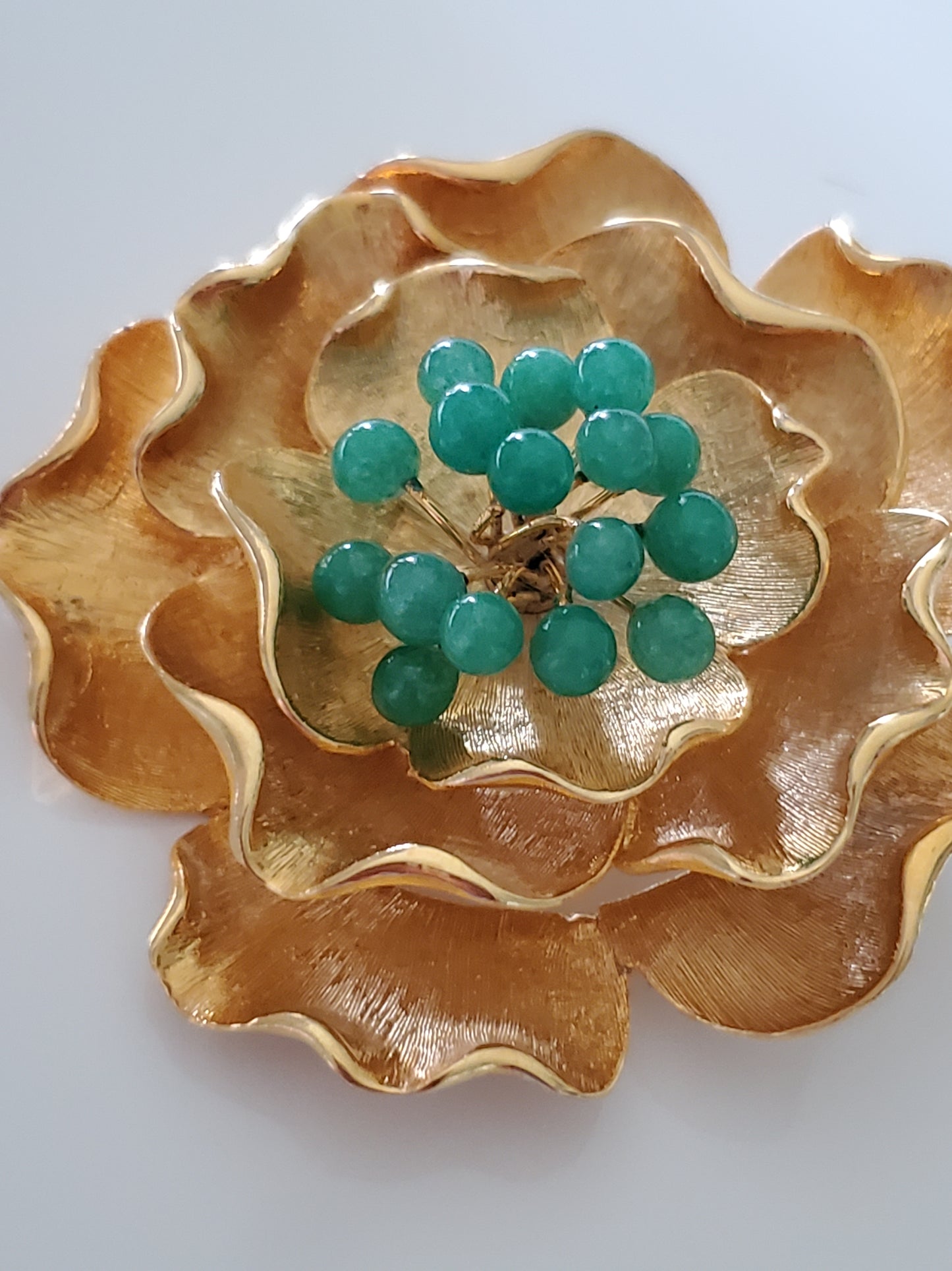 Vintage Large Gold-tone Flower Brooch with Green Glass Buds