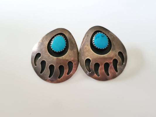 Vintage Southwestern Sterling Silver Turquoise Bear Paw Shadow Box Earrings