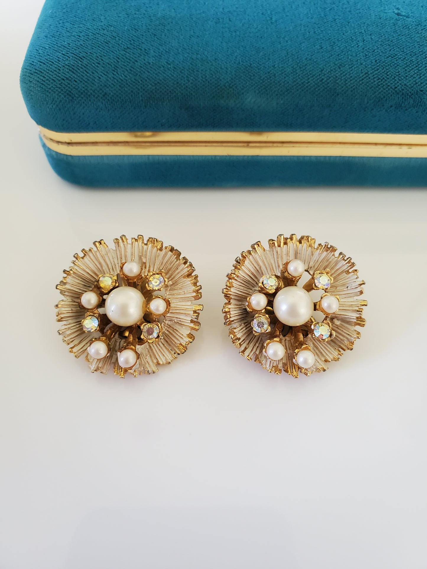 Vintage BSK Faux Pearl and Rhinestone Cream Enamel Flower Earrings