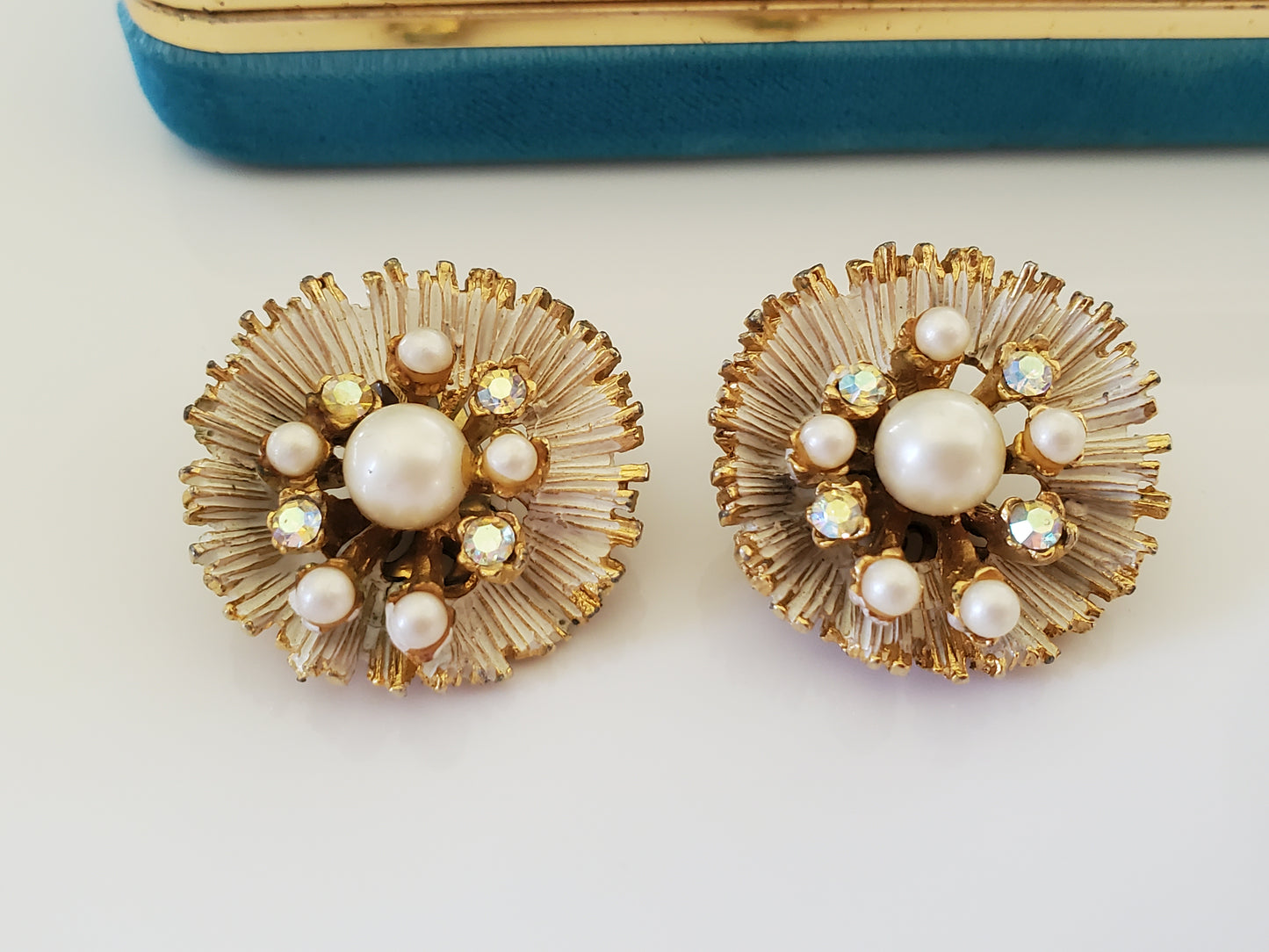 Vintage BSK Faux Pearl and Rhinestone Cream Enamel Flower Earrings