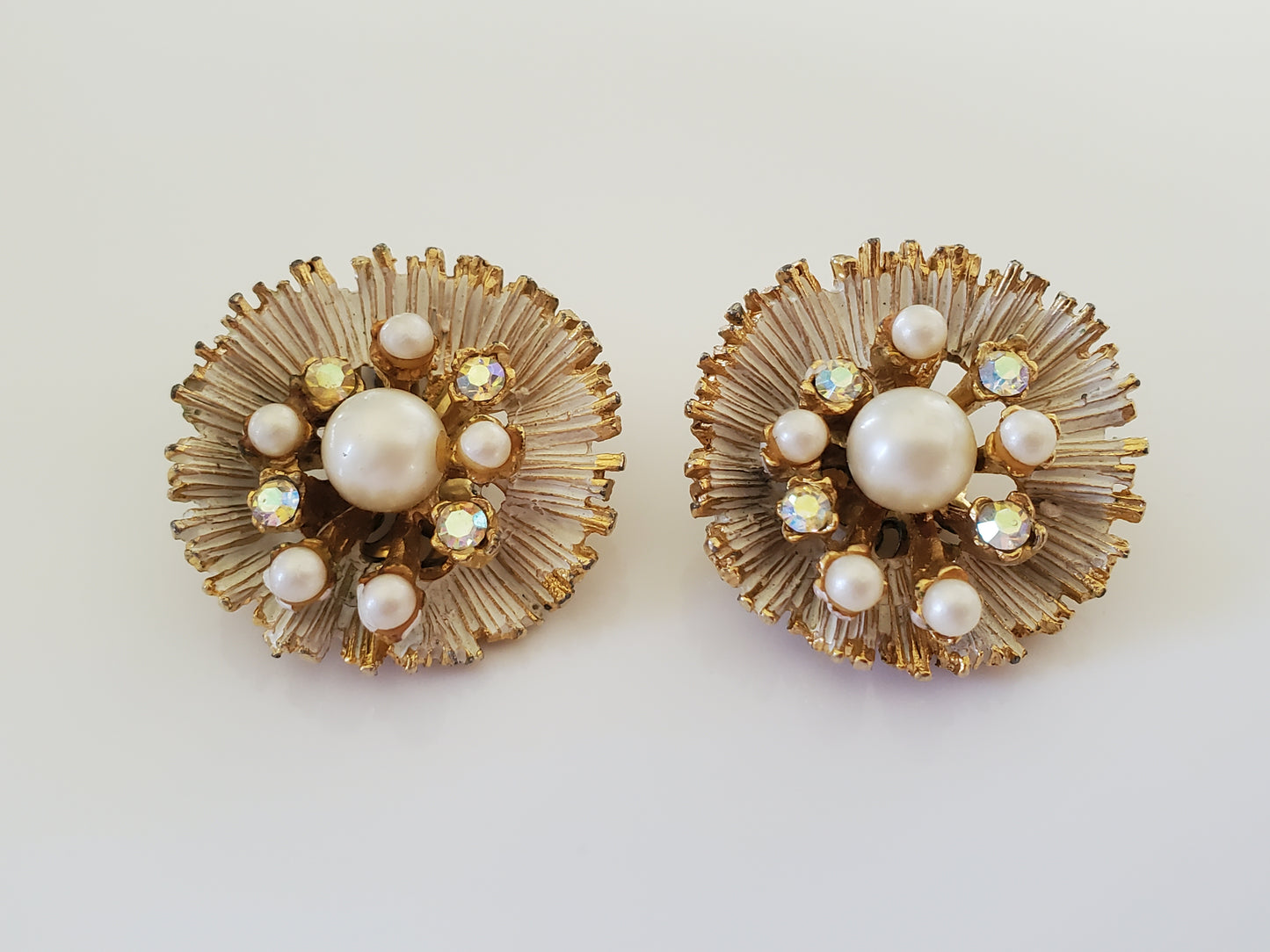 Vintage BSK Faux Pearl and Rhinestone Cream Enamel Flower Earrings