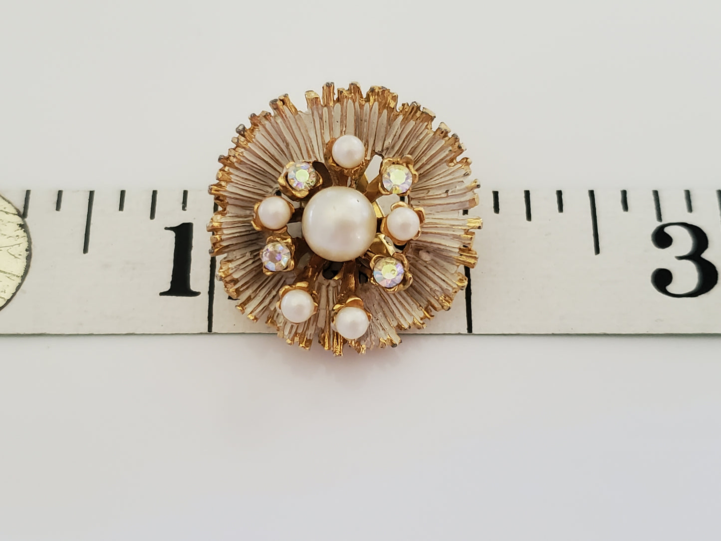 Vintage BSK Faux Pearl and Rhinestone Cream Enamel Flower Earrings