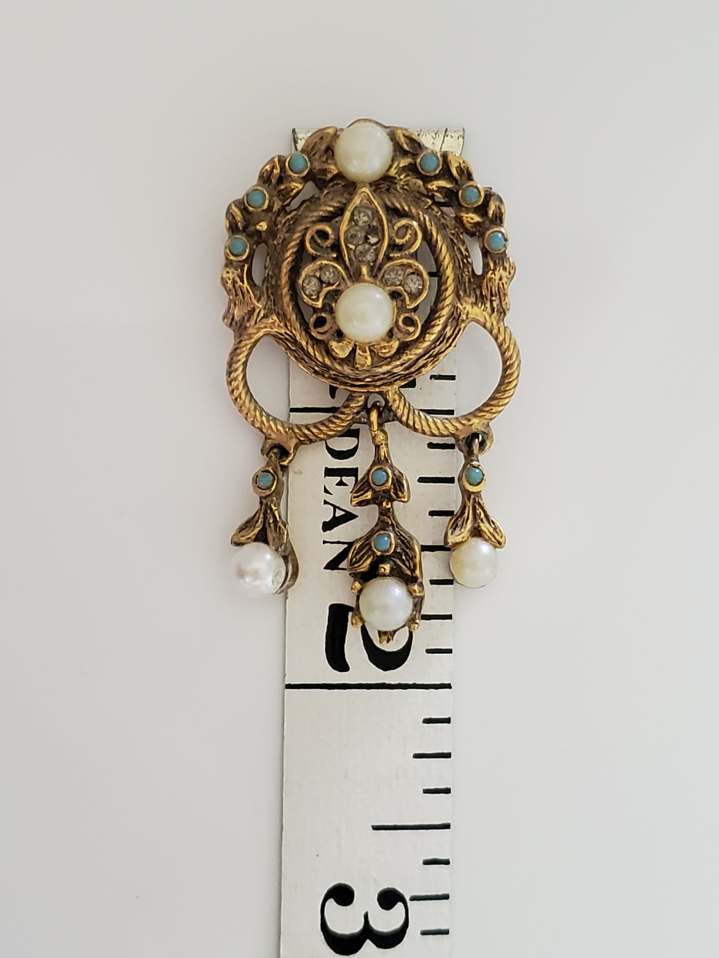 Vintage Goldette Fleur De Lis Dangle Brooch with Faux Pearls and Turquoise