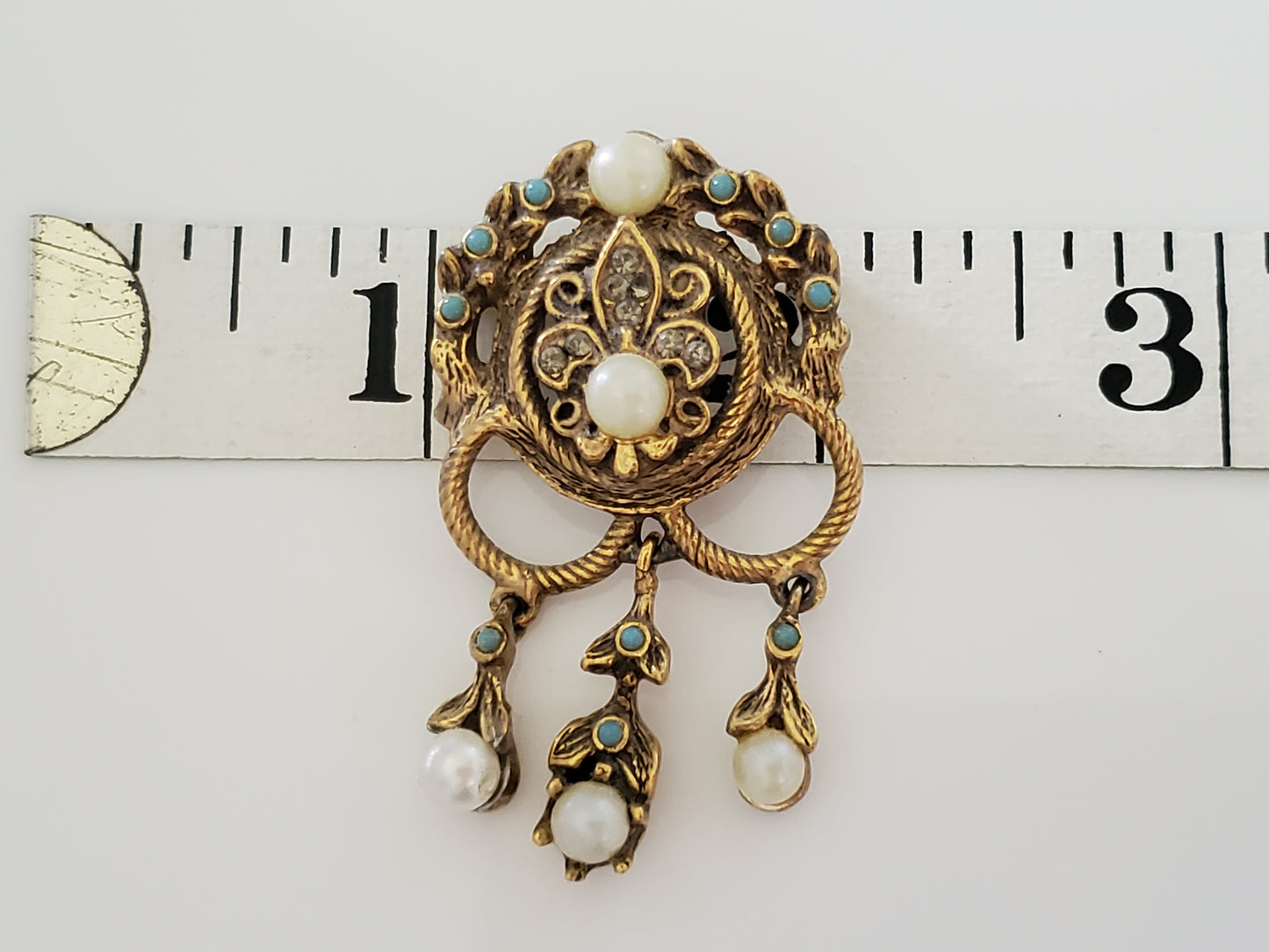 Vintage Goldette Fleur De Lis Dangle Brooch with Faux Pearls and Turquoise