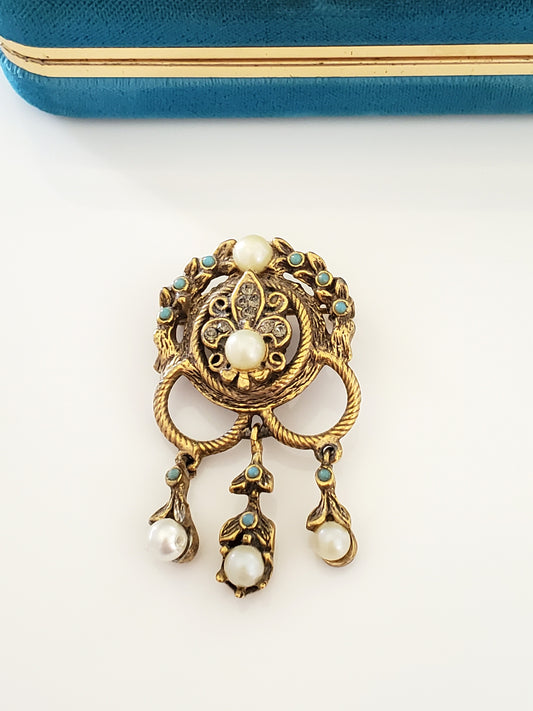 Vintage Goldette Fleur De Lis Dangle Brooch with Faux Pearls and Turquoise