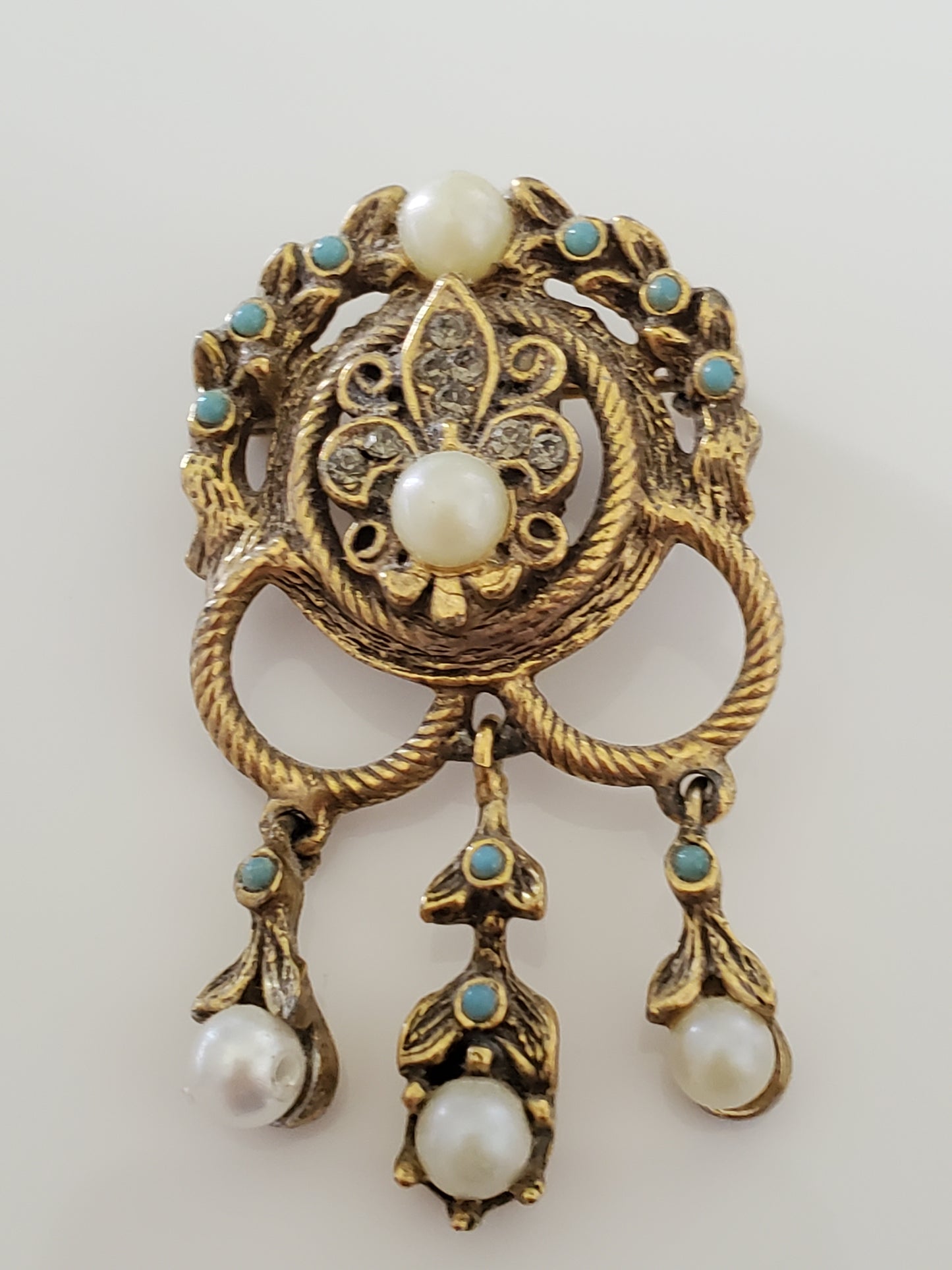 Vintage Goldette Fleur De Lis Dangle Brooch with Faux Pearls and Turquoise