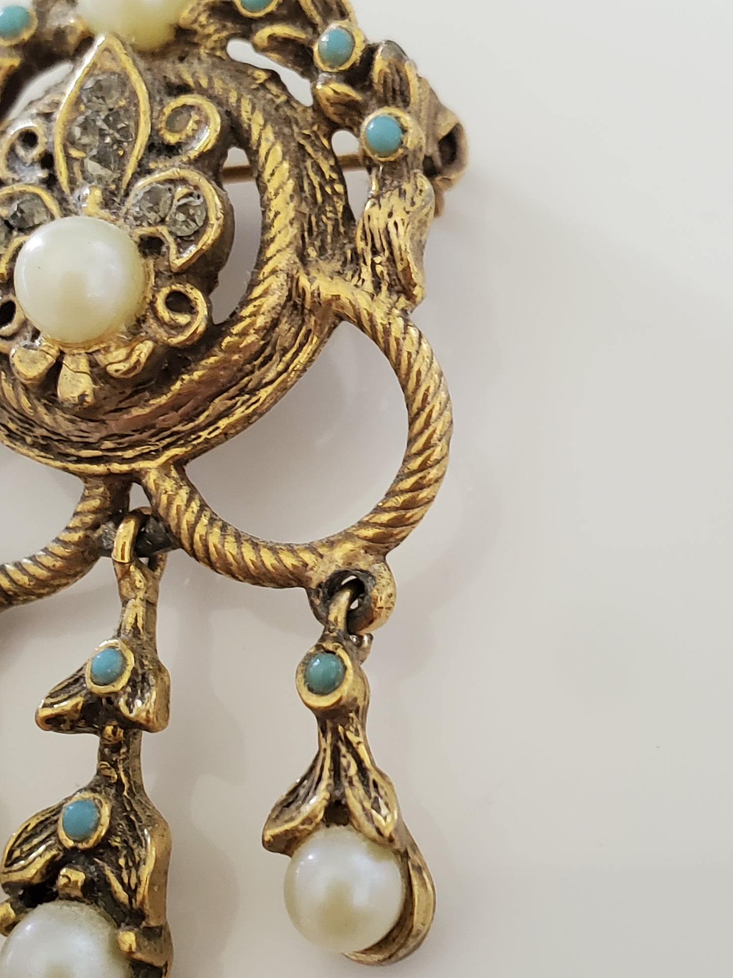 Vintage Goldette Fleur De Lis Dangle Brooch with Faux Pearls and Turquoise