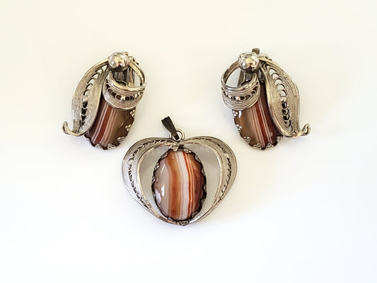 Vintage Agate West Germany Pendant and Earring Set