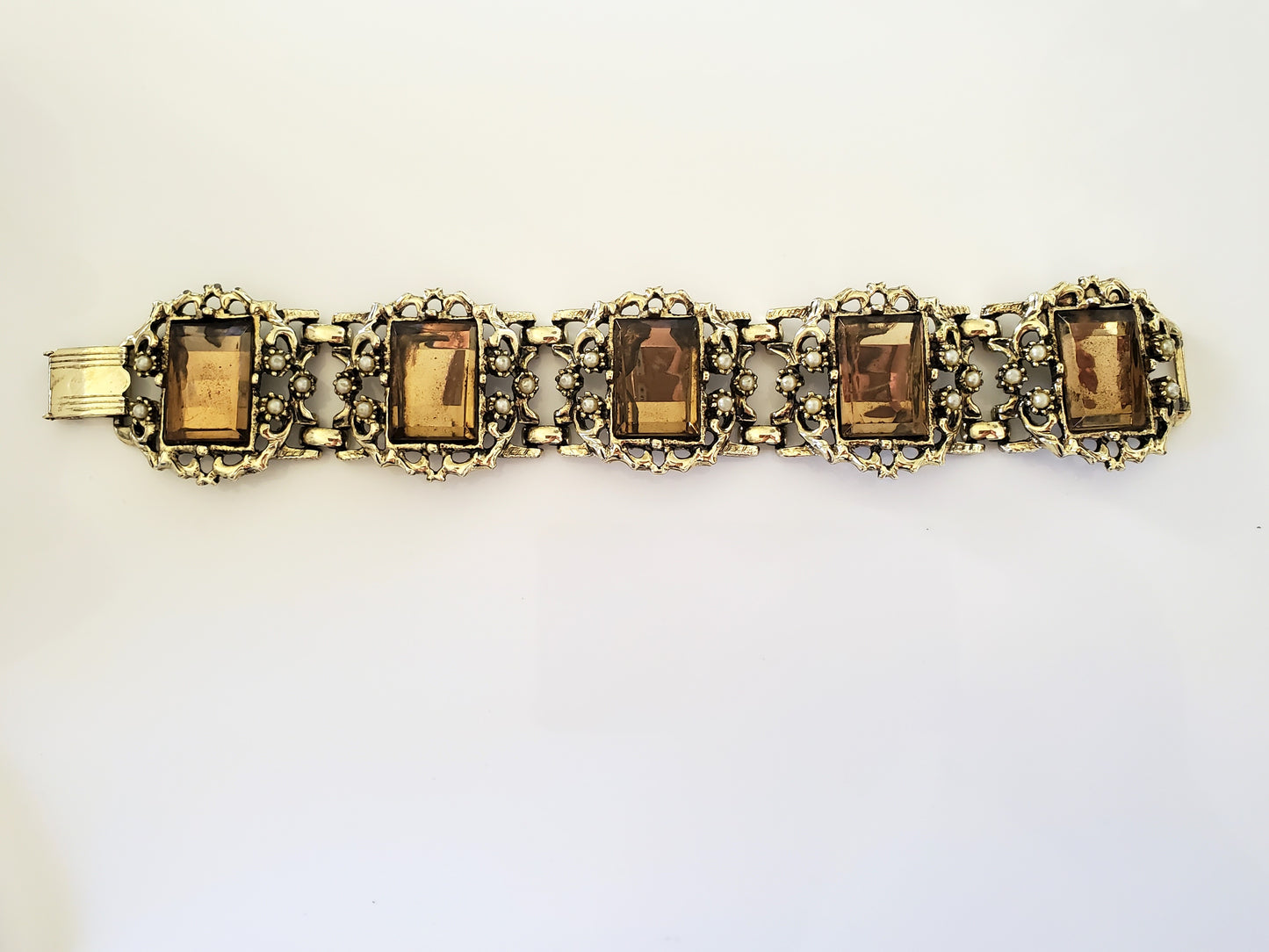 Vintage 1960s Unsigned Selro Faux Amber and Pearl Bracelet