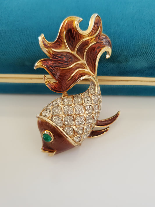 Vintage 1960s CROWN TRIFARI Signed Amber Enamel & Clear Crystal Rhinestone Gold Fish Brooch