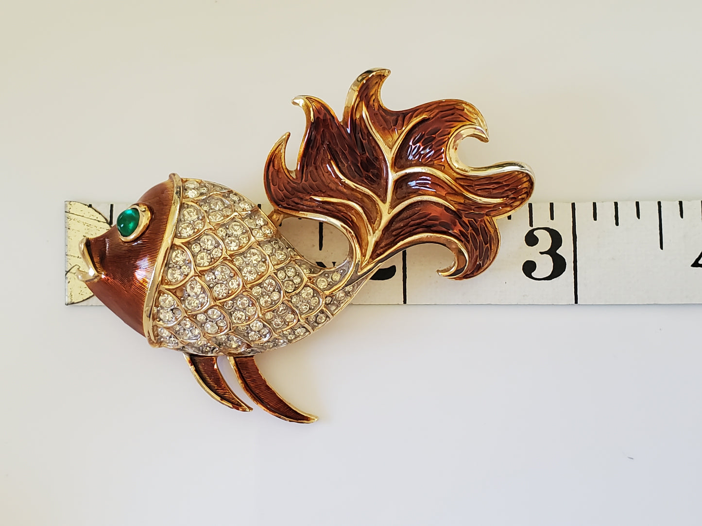 Vintage 1960s CROWN TRIFARI Signed Amber Enamel & Clear Crystal Rhinestone Gold Fish Brooch