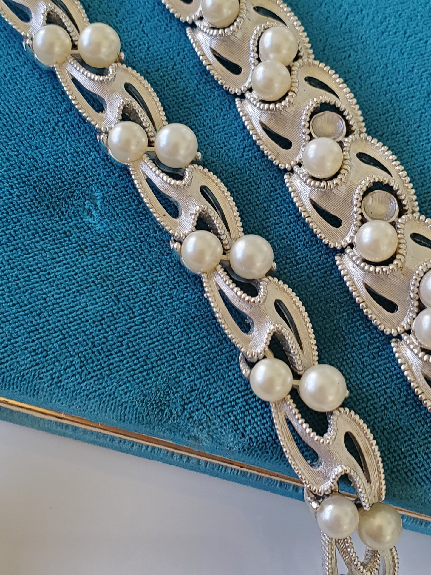 Vintage Mid-Century Crown Trifari Silver Tone Faux Pearl Necklace and Earring Set