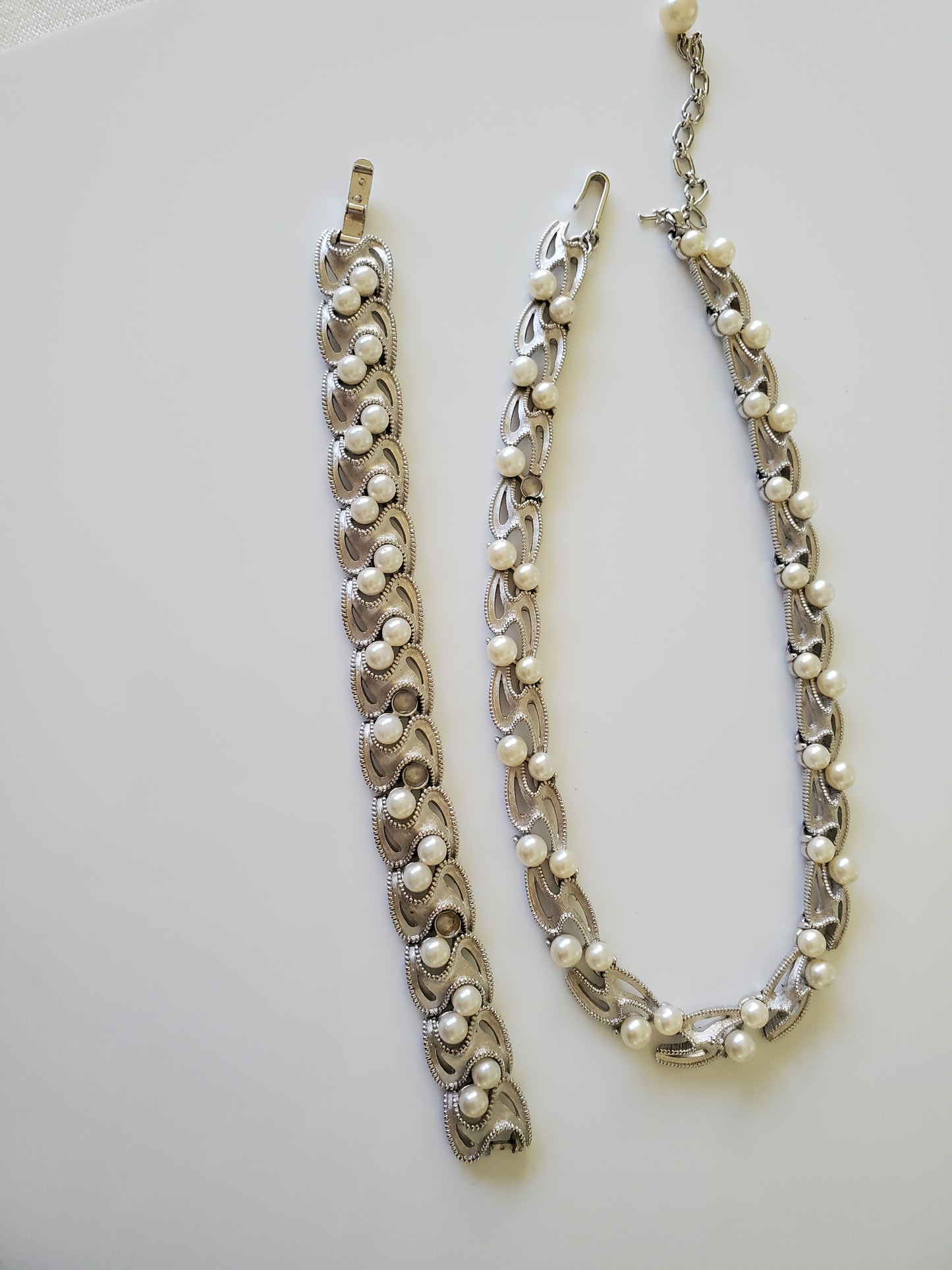 Vintage Mid-Century Crown Trifari Silver Tone Faux Pearl Necklace and Earring Set