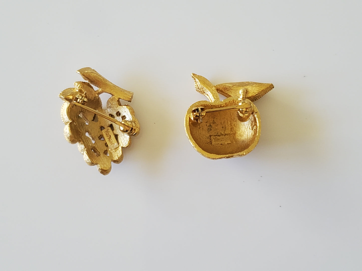 Pair of Vintage Crown Trifari Brushed Gold Grape and Apple Pin