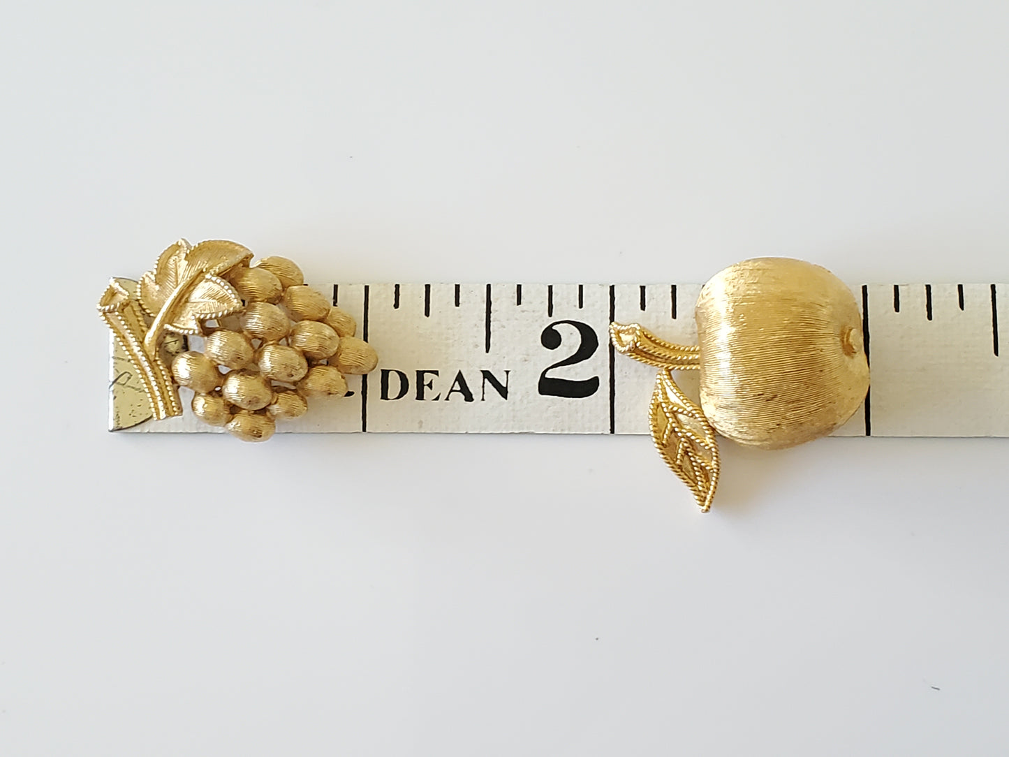 Pair of Vintage Crown Trifari Brushed Gold Grape and Apple Pin