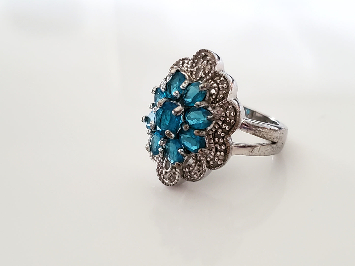 Blue Stone Sterling Silver Cluster Cocktail Ring