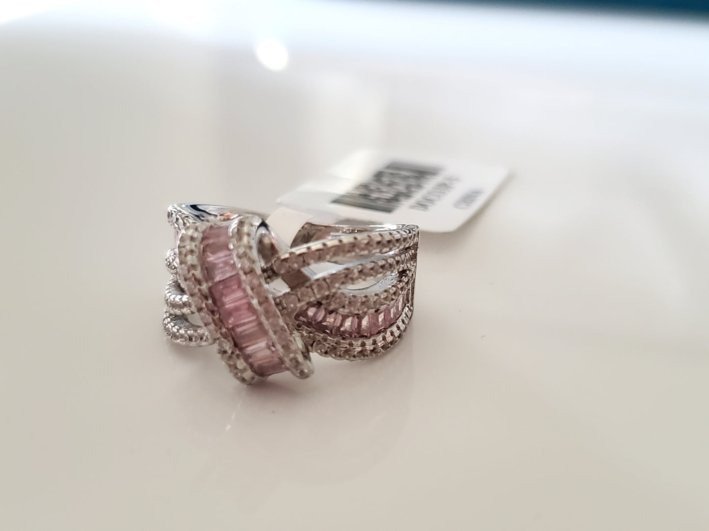 Pink and Clear CZ Rhodium over Sterling Silver Ring by JTV