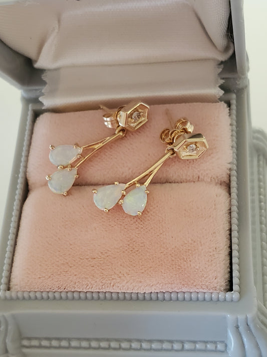 Vintage 10K Gold Opal and Diamond Drop Pendant Earrings