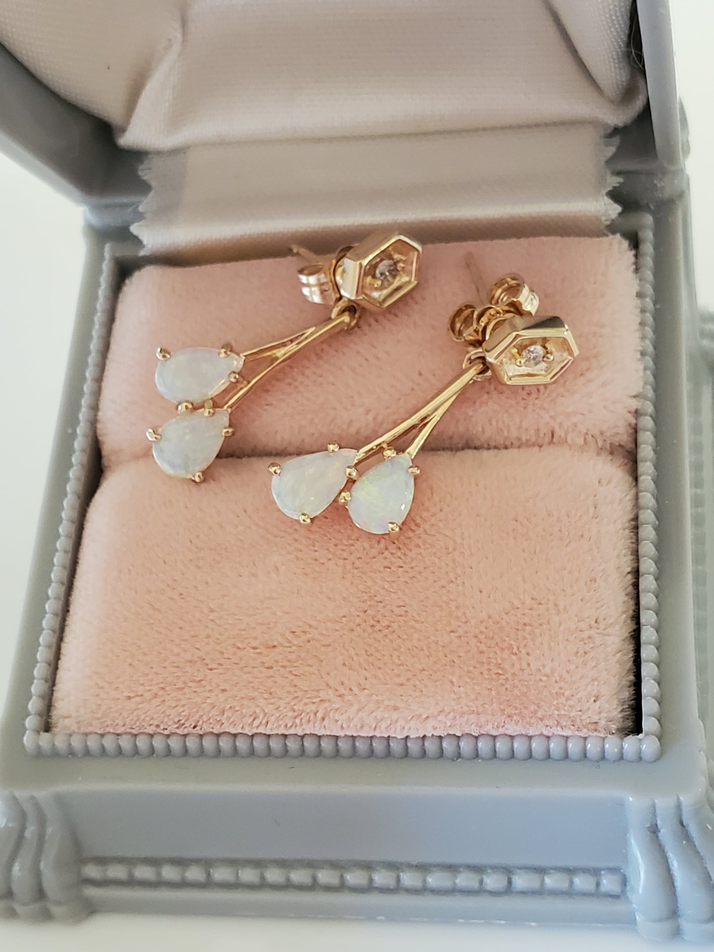 Vintage 10K Gold Opal and Diamond Drop Pendant Earrings