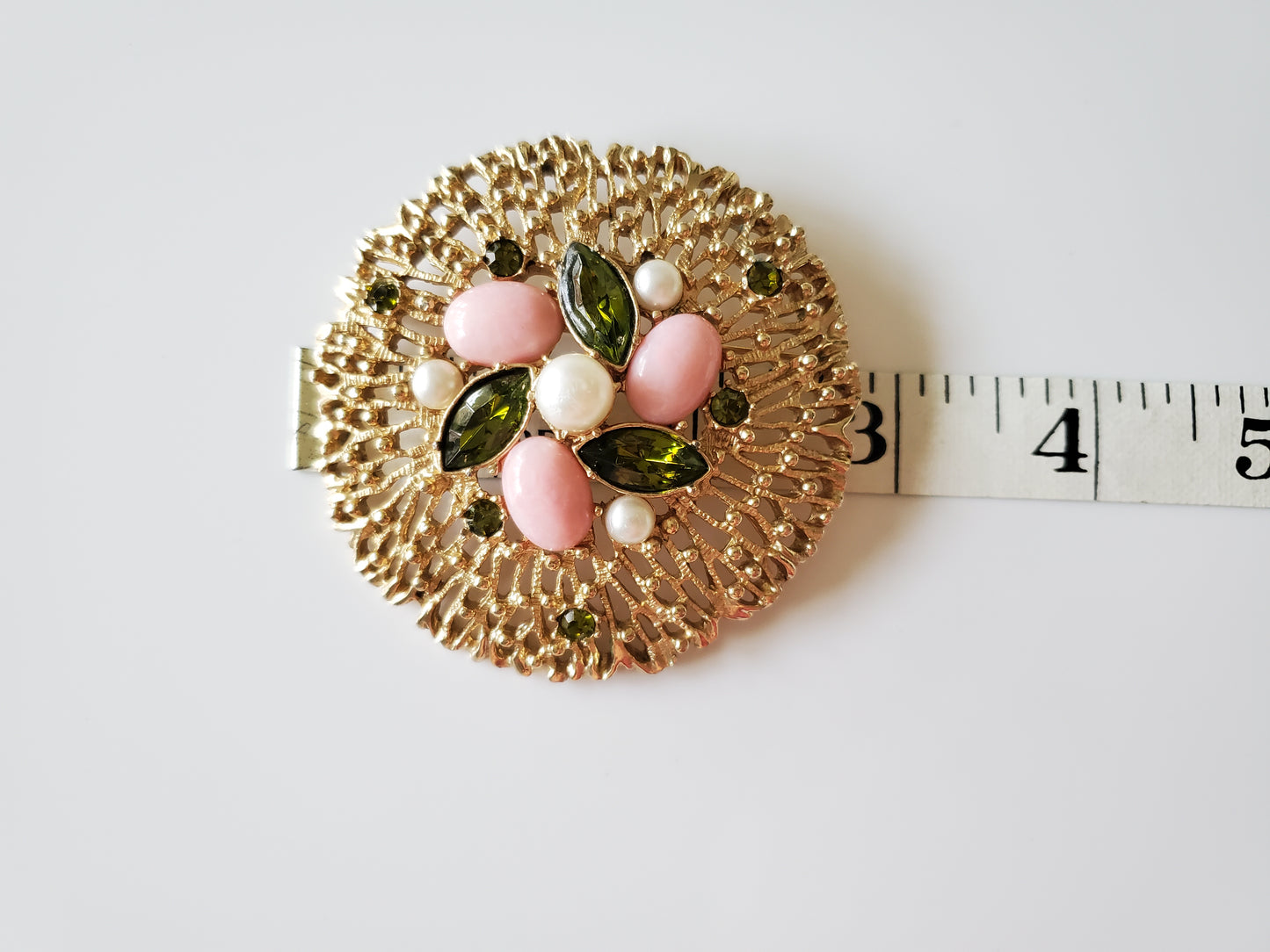 Vintage Large Sarah Coventry Pink Green Goldtone Brooch