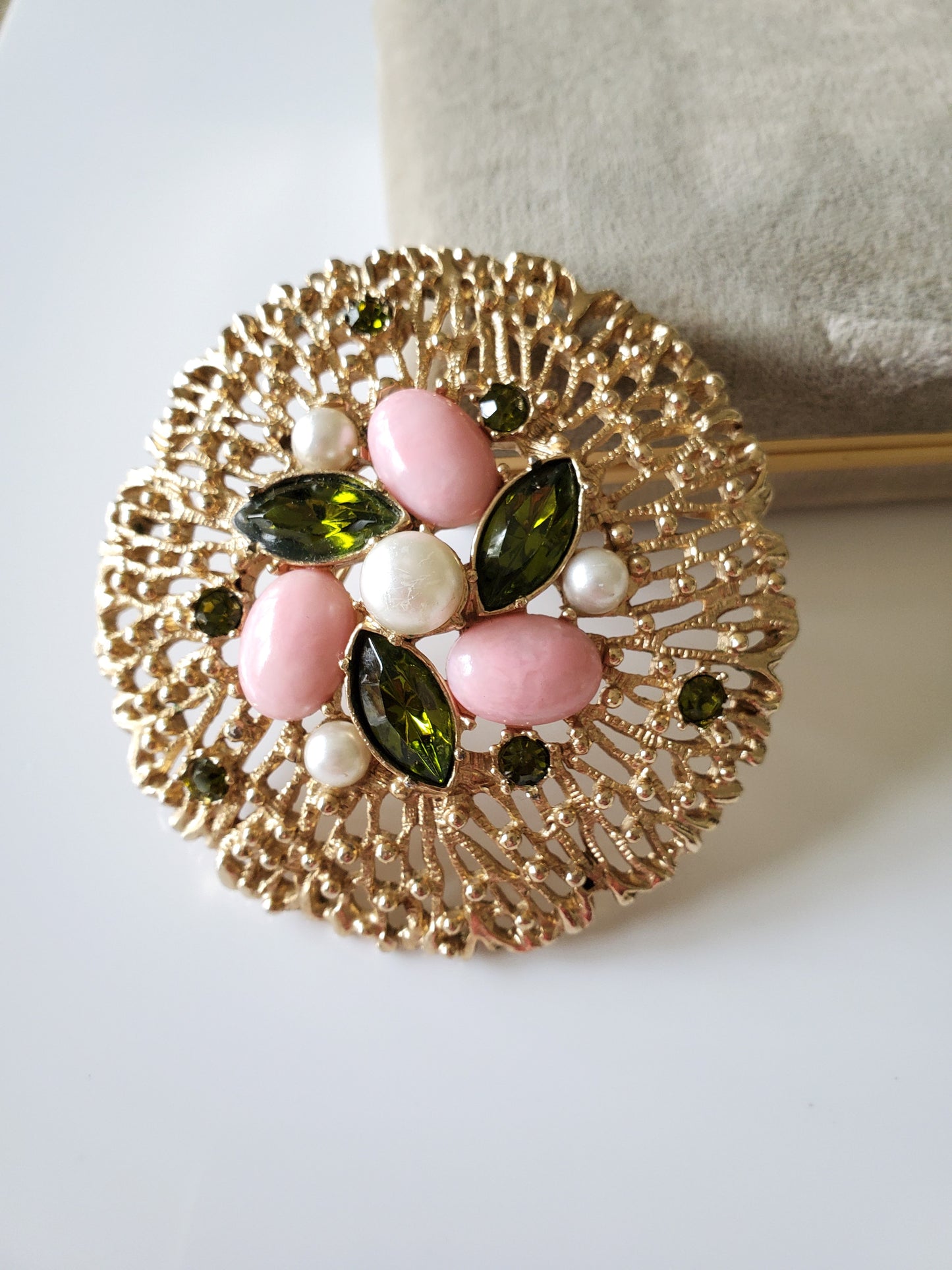 Vintage Large Sarah Coventry Pink Green Goldtone Brooch