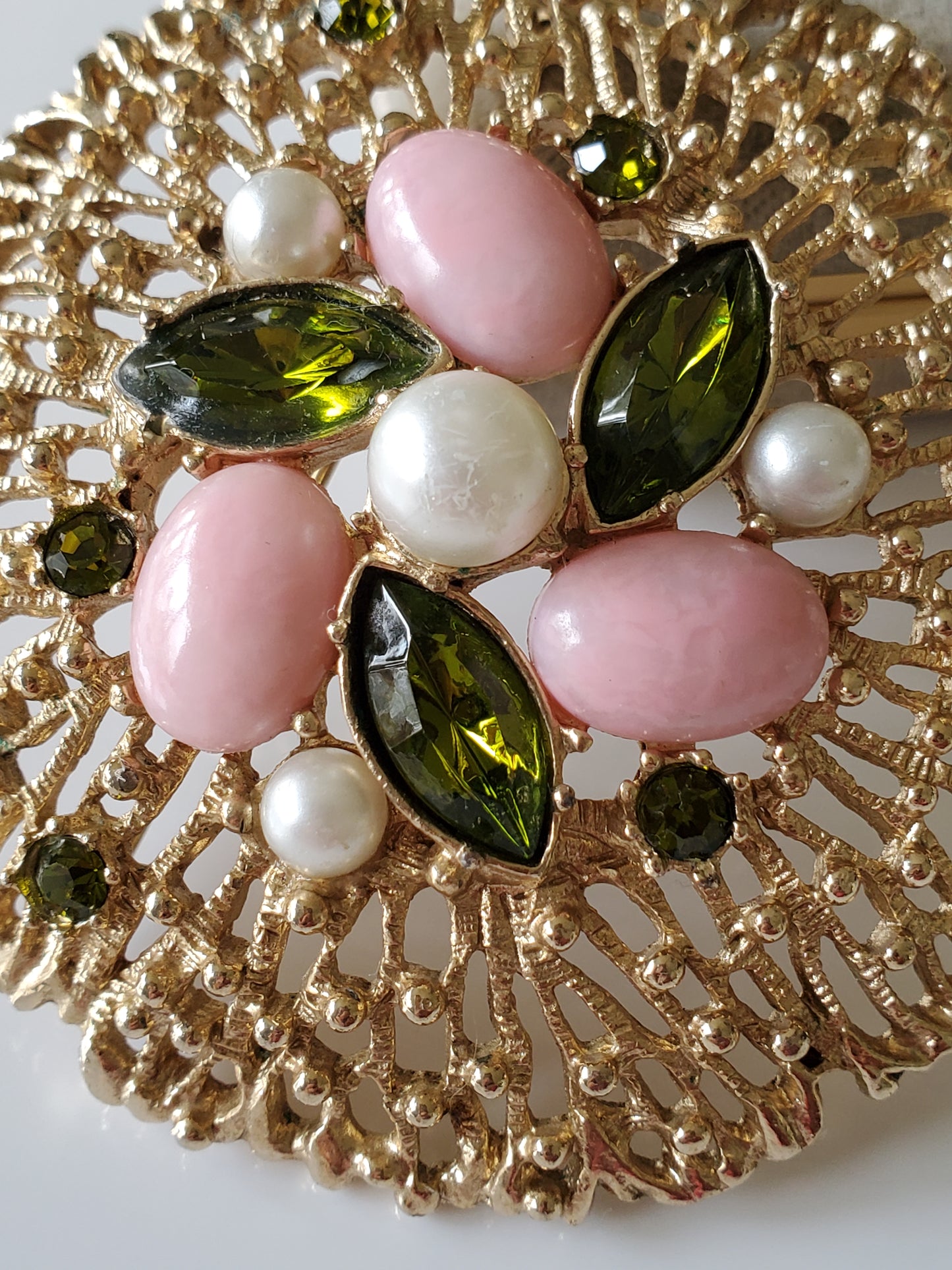 Vintage Large Sarah Coventry Pink Green Goldtone Brooch