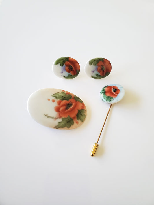 Vintage 1960s Atelford Handpainted Poppy Porcelain Brooch Earring and Pin Set