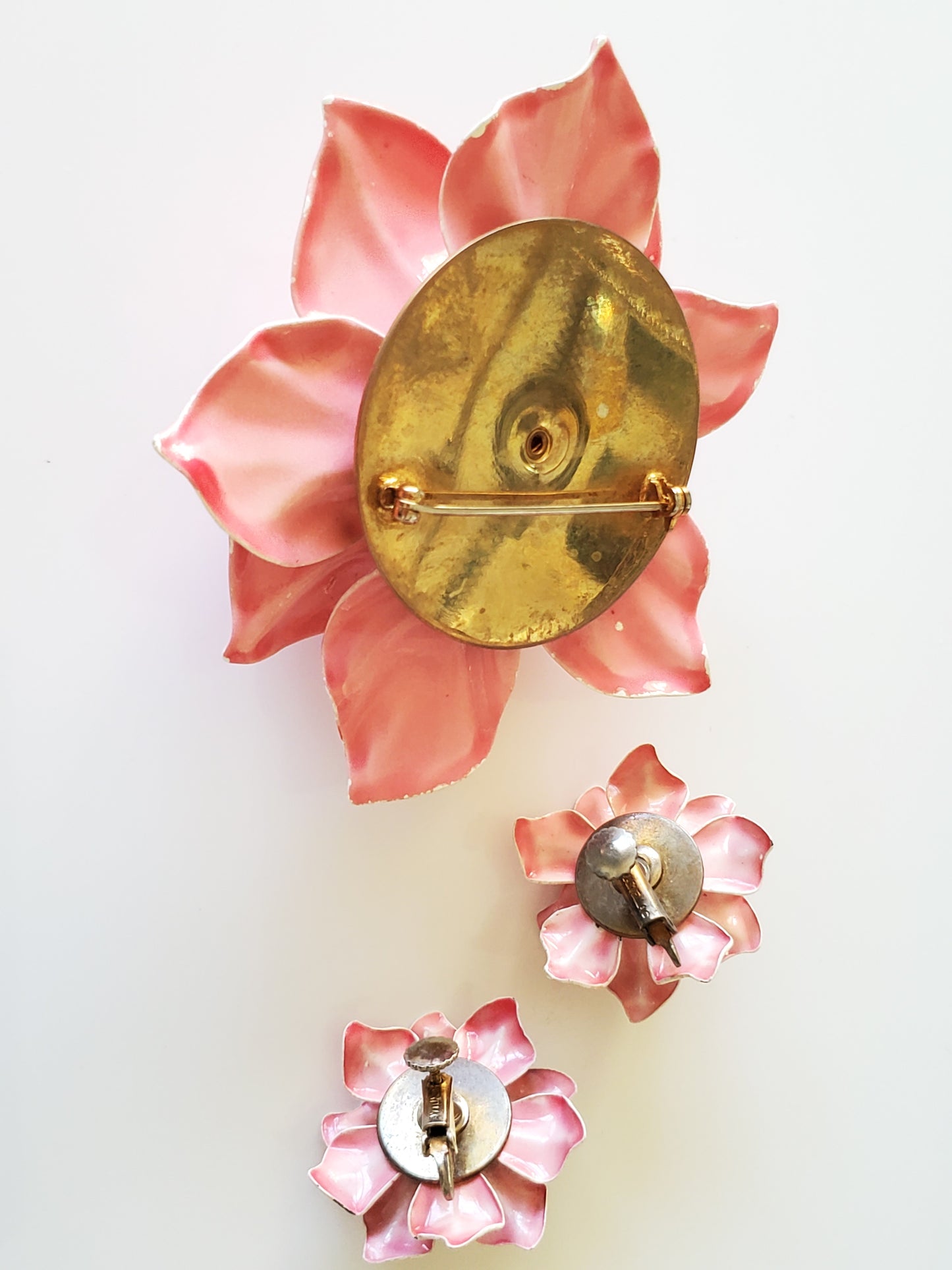 Vintage Pink Marvella Metal Enamel Flower Earring and Brooch