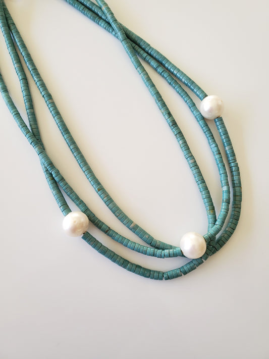 Turquoise Bead and Cultured Pearl Choker Necklace with Sterling Silver Box Clasp