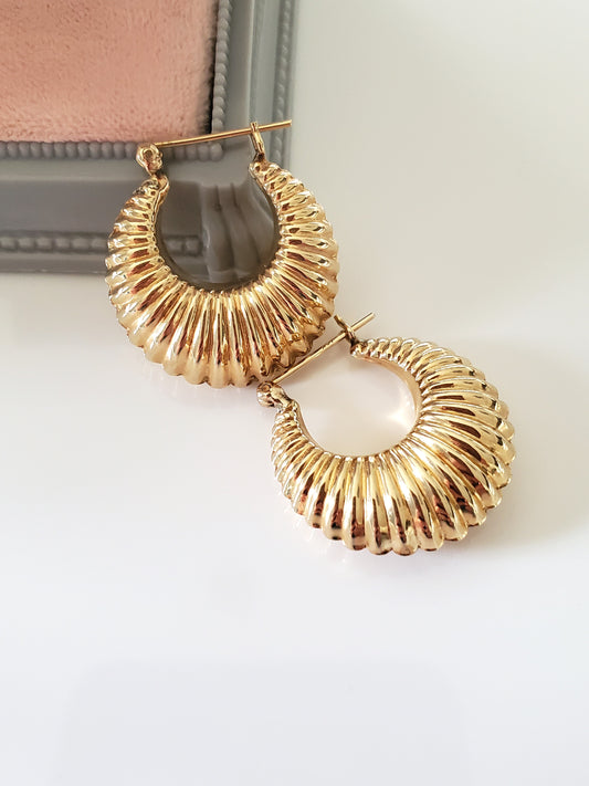 Estate 14k Gold Puffy Ribbed Hoop Earrings