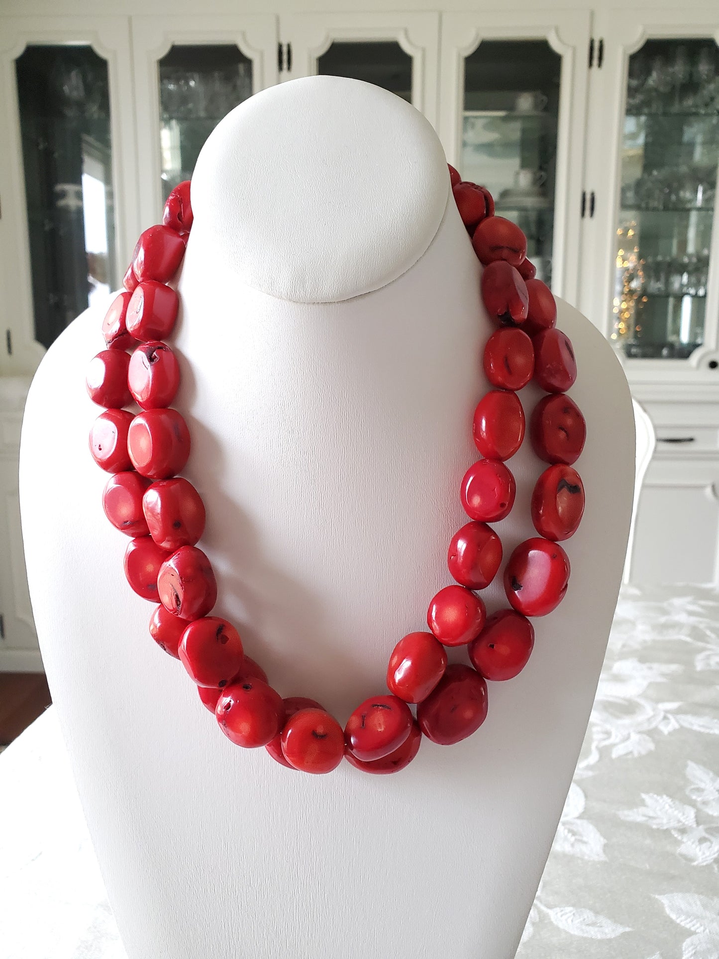 Double Strand Coral Nugget Choker Necklace with Toggle Clasp