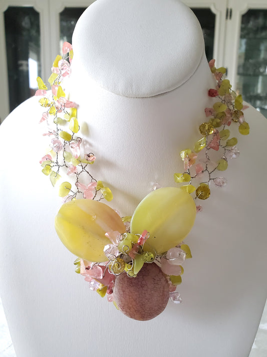 Pink and Yellow Agate Wire Necklace