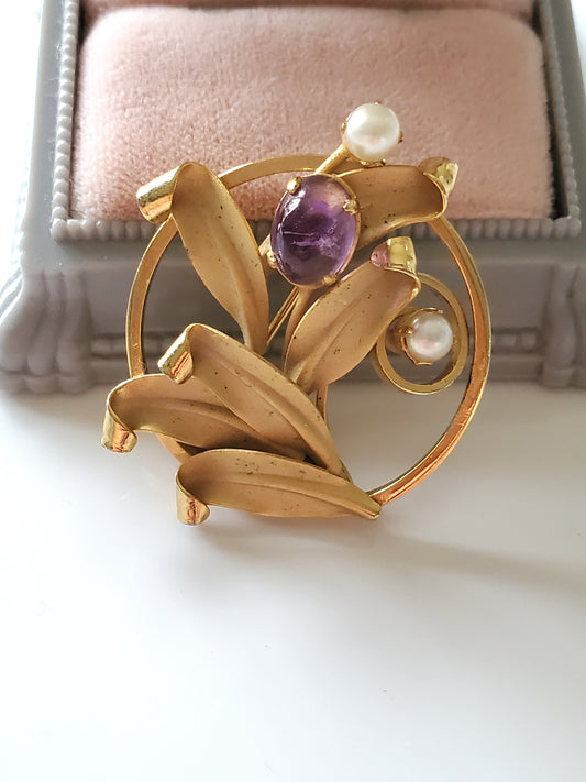 Vintage Purple Stone and Pearl Lily Brooch