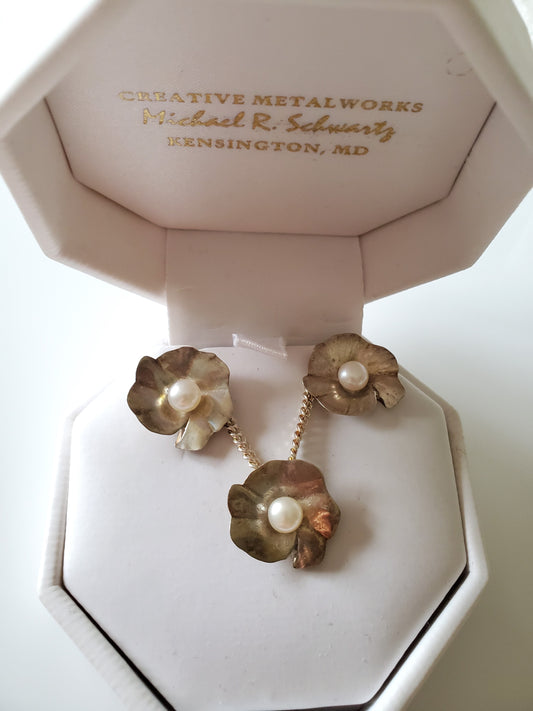 Vintage Sterling Silver and Cultured Pearl Necklace and Earring Set by Creative Metalworks