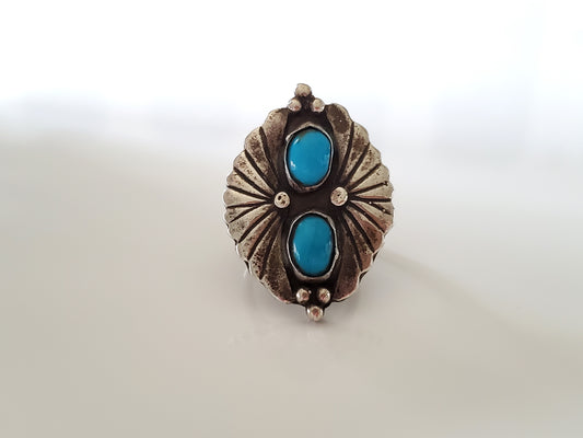 Vintage Native American Sterling Silver Turquoise Two-Stone Ring