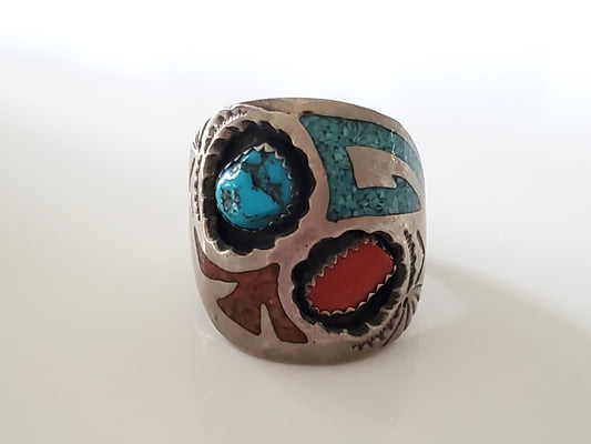 Vintage Men's Navajo Turquoise Coral Chip Inlay Shadowbox Stamped Silver Ring