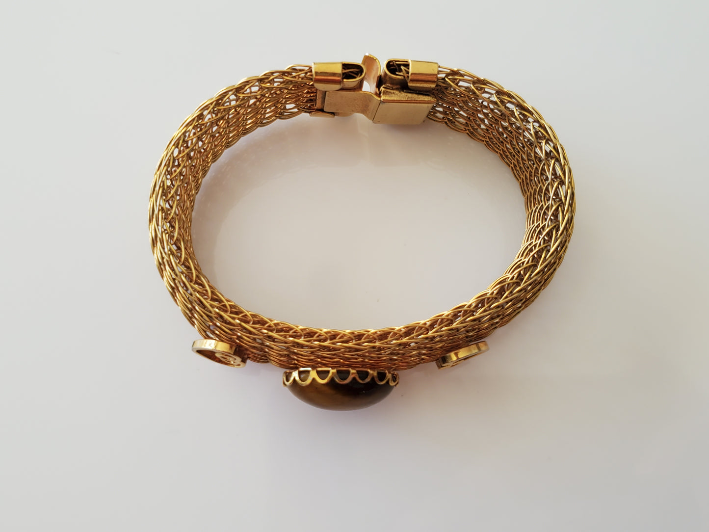 Vintage Mid-Century Gold-tone Mesh Bracelet with Faux Tiger-Eye Stone
