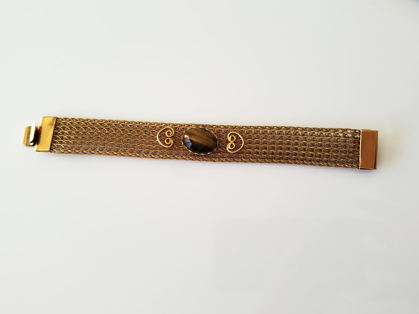 Vintage Mid-Century Gold-tone Mesh Bracelet with Faux Tiger-Eye Stone