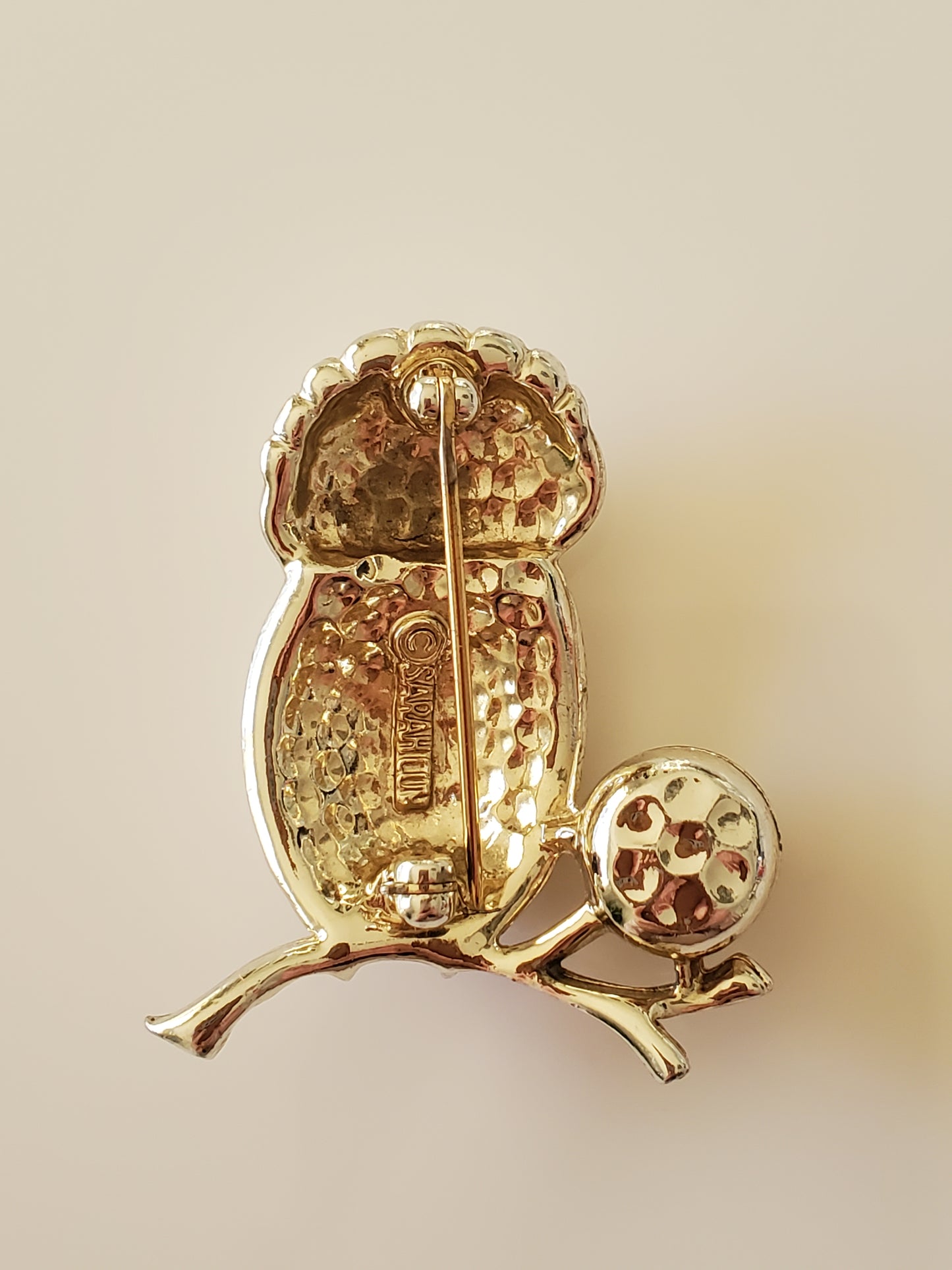 Vintage Sarah Coventry Faux Pearl and Green Eyes Owl Brooch