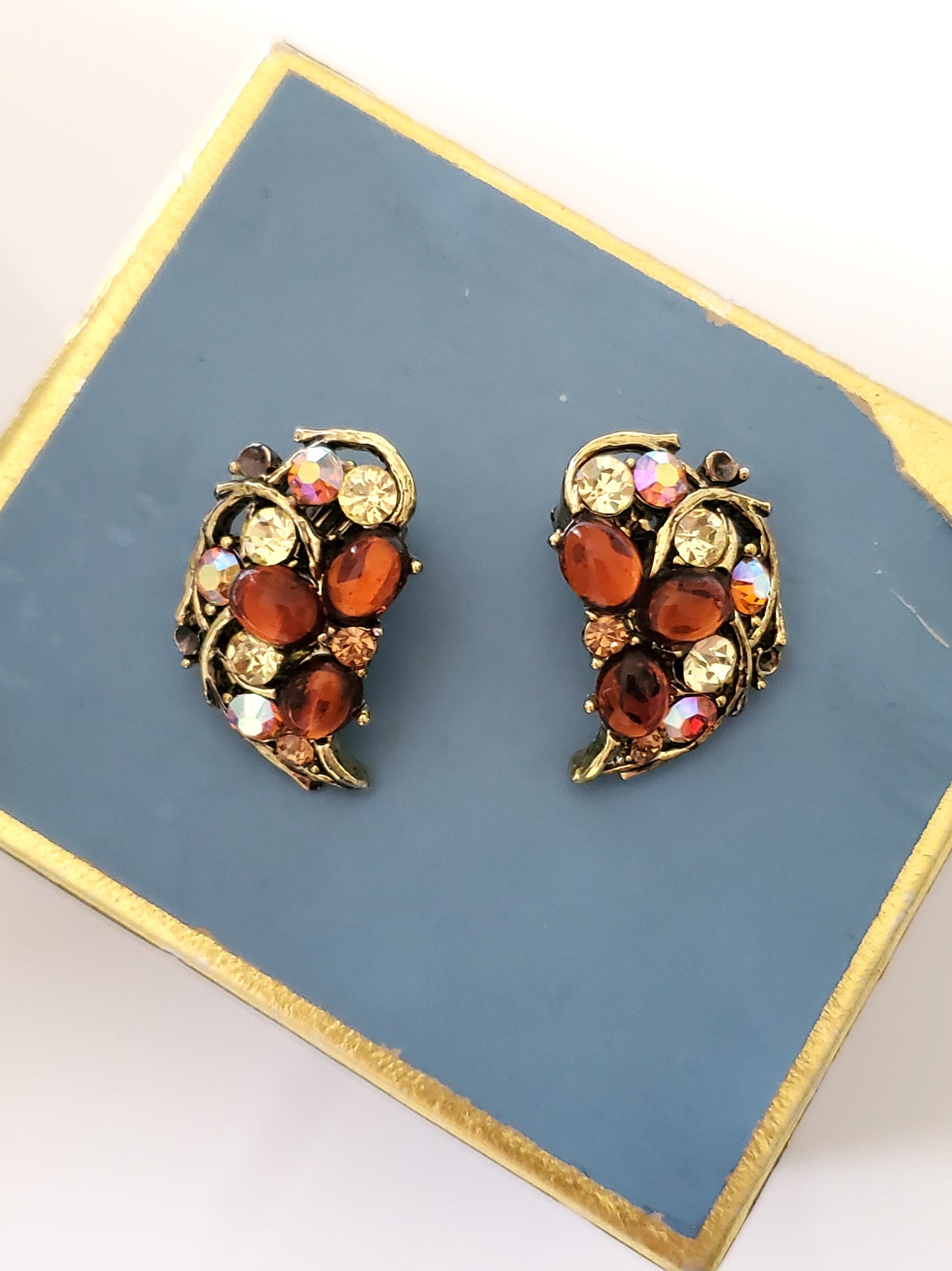 Vintage Mid-Century Amber and AB Rhinestone Clip On Earrings by Weiss
