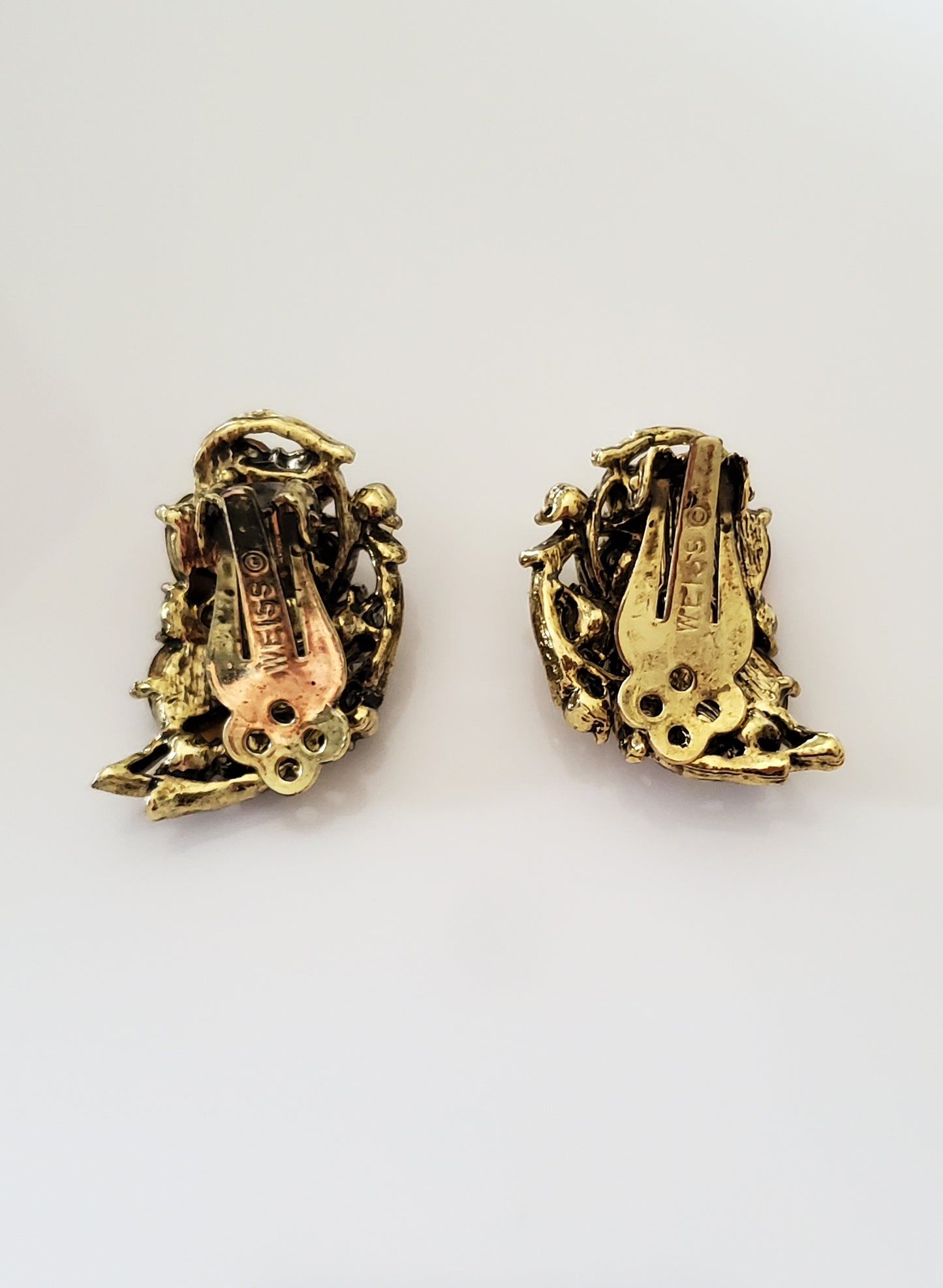 Vintage Mid-Century Amber and AB Rhinestone Clip On Earrings by Weiss